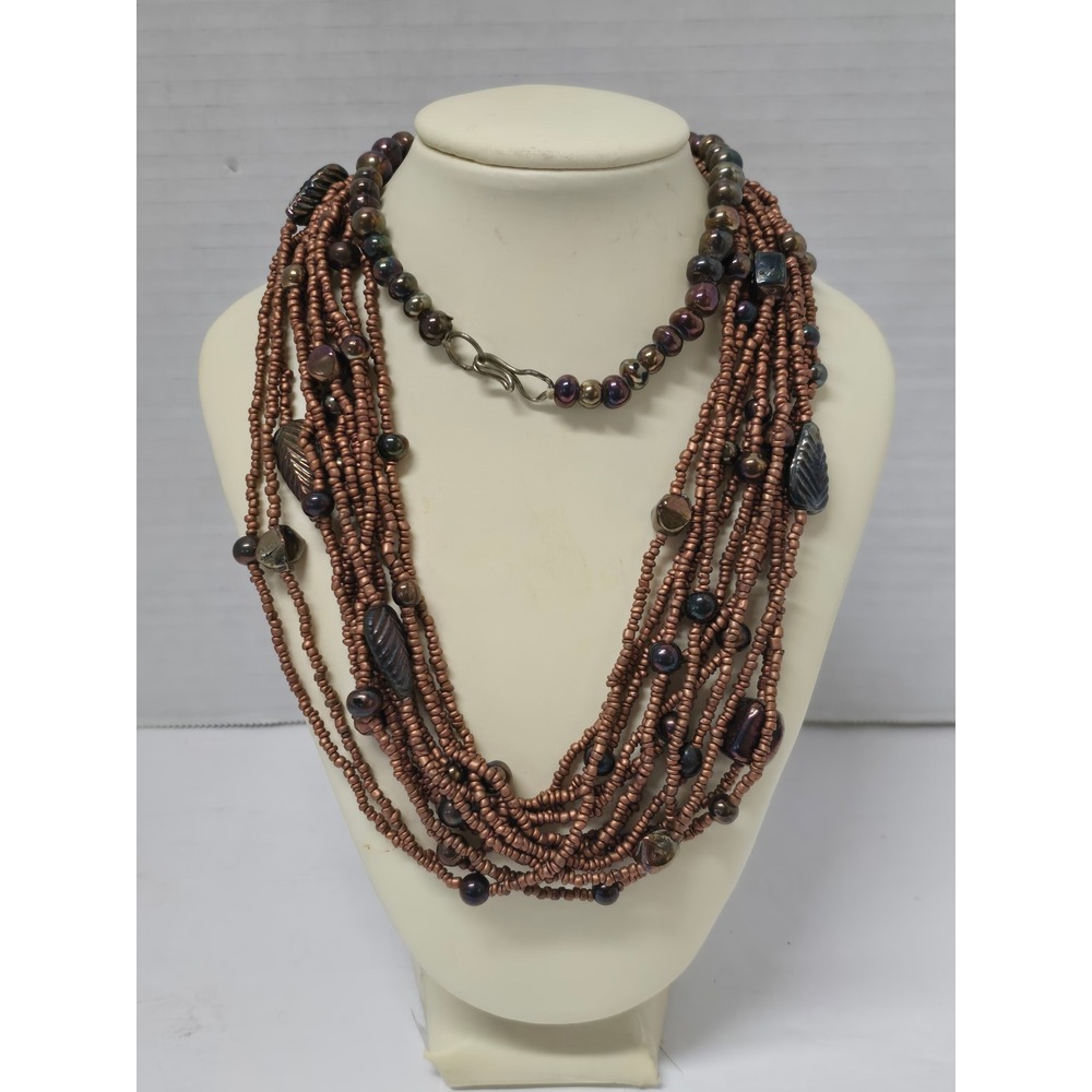 Vintage Multi Strand Carnival Glass Boho Leaf Bead Iridescent Statement Necklace